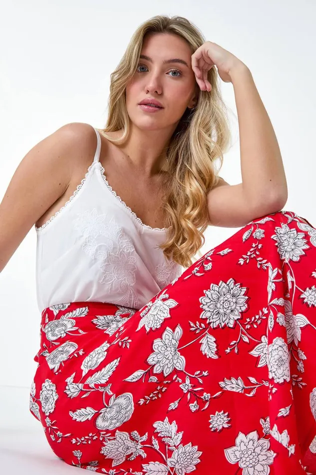 Women Coral Floral Button Detail A Line Midi Skirt Roman Skirts