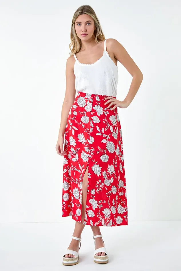 Women Coral Floral Button Detail A Line Midi Skirt Roman Skirts