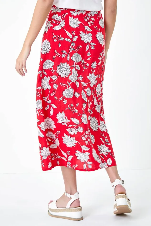 Women Coral Floral Button Detail A Line Midi Skirt Roman Skirts