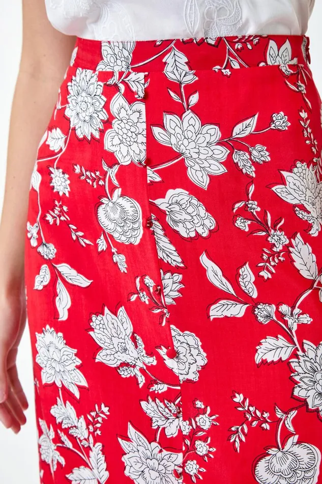 Women Coral Floral Button Detail A Line Midi Skirt Roman Skirts