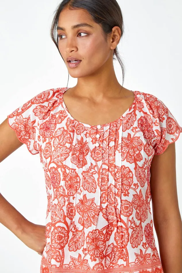 Women Coral Floral Print Cotton Top Roman Tops