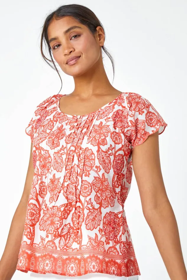 Women Coral Floral Print Cotton Top Roman Tops