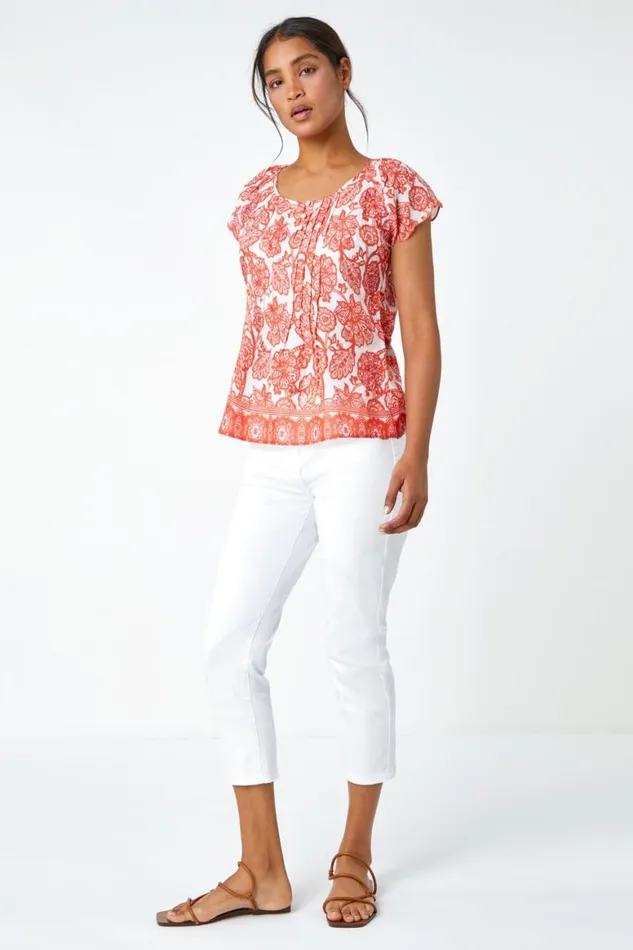 Women Coral Floral Print Cotton Top Roman Tops