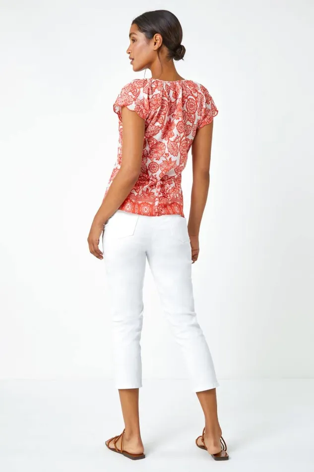 Women Coral Floral Print Cotton Top Roman Tops