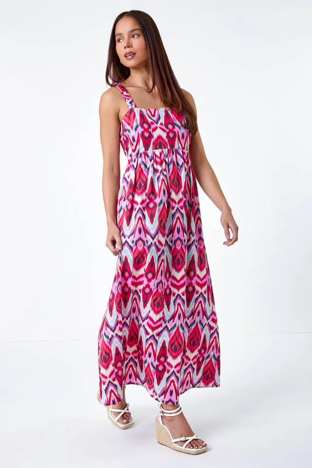 Women Coral Petite Aztec Stretch Back Maxi Dress Roman Dresses