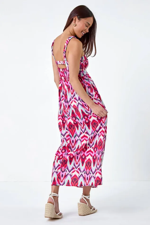 Women Coral Petite Aztec Stretch Back Maxi Dress Roman Dresses