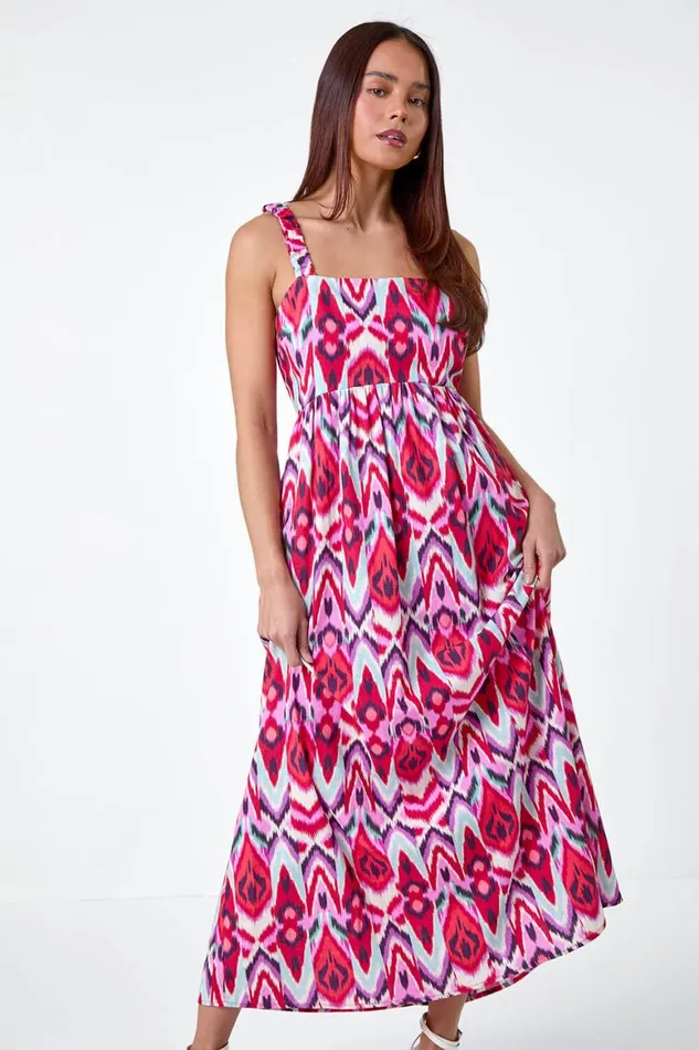 Women Coral Petite Aztec Stretch Back Maxi Dress Roman Dresses
