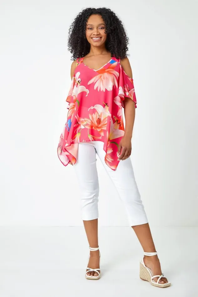 Women Coral Petite Floral Print Cold Shoulder Chiffon Top Roman Tops
