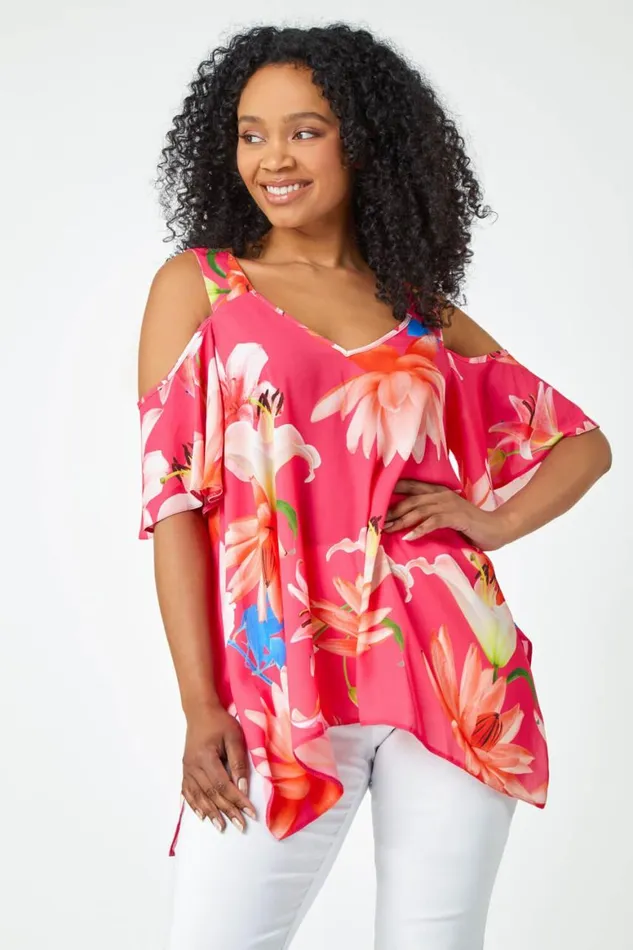 Women Coral Petite Floral Print Cold Shoulder Chiffon Top Roman Tops