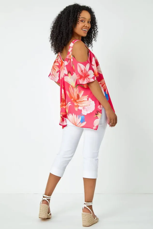 Women Coral Petite Floral Print Cold Shoulder Chiffon Top Roman Tops