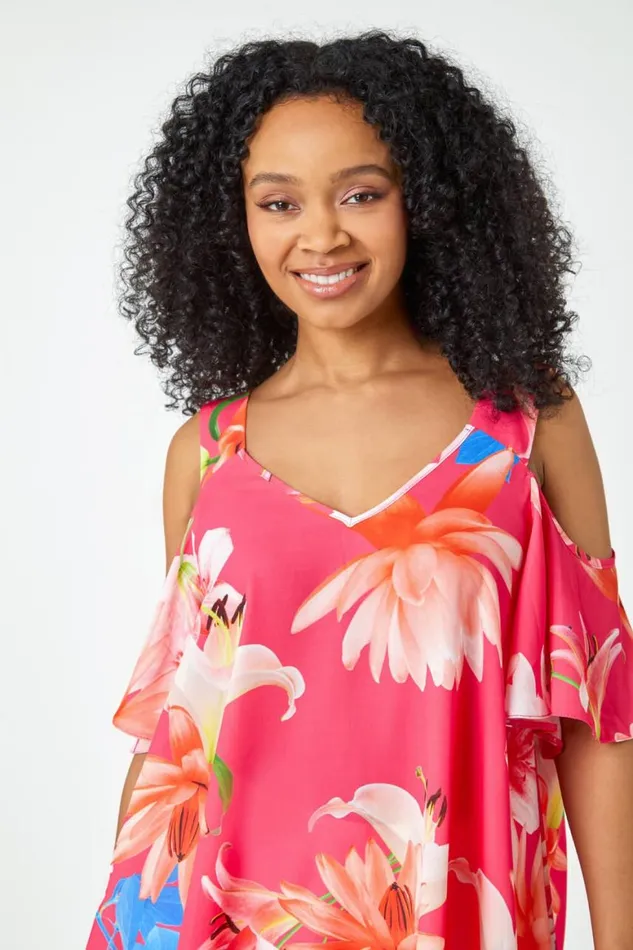 Women Coral Petite Floral Print Cold Shoulder Chiffon Top Roman Tops