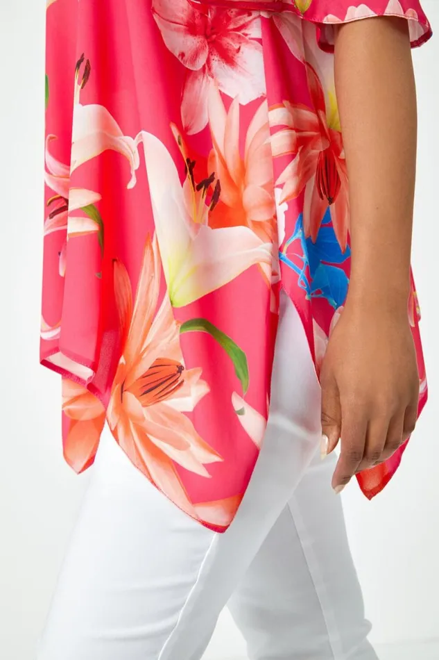 Women Coral Petite Floral Print Cold Shoulder Chiffon Top Roman Tops