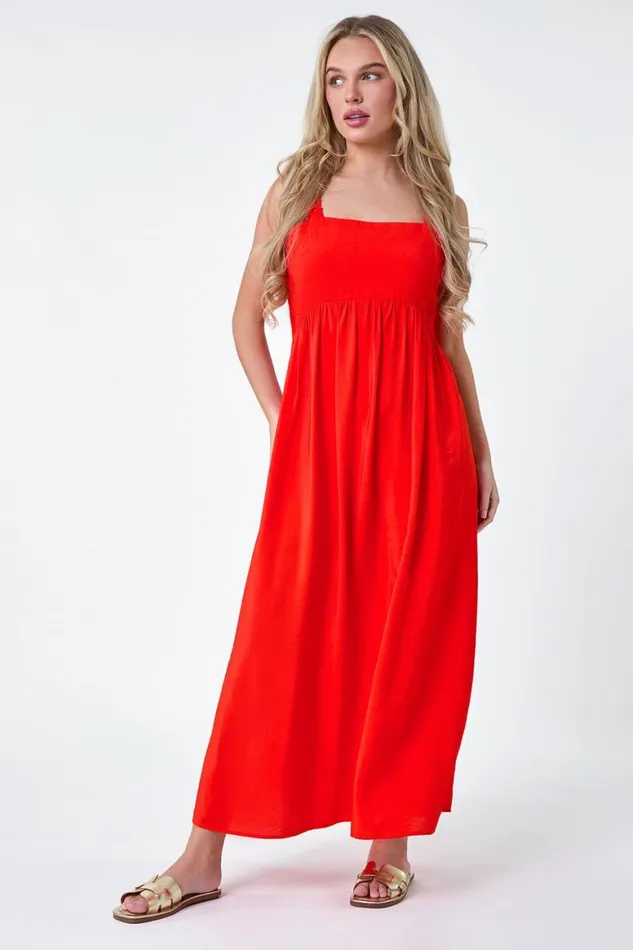 Women Coral Petite Plain Stretch Back Maxi Dress Roman Dresses