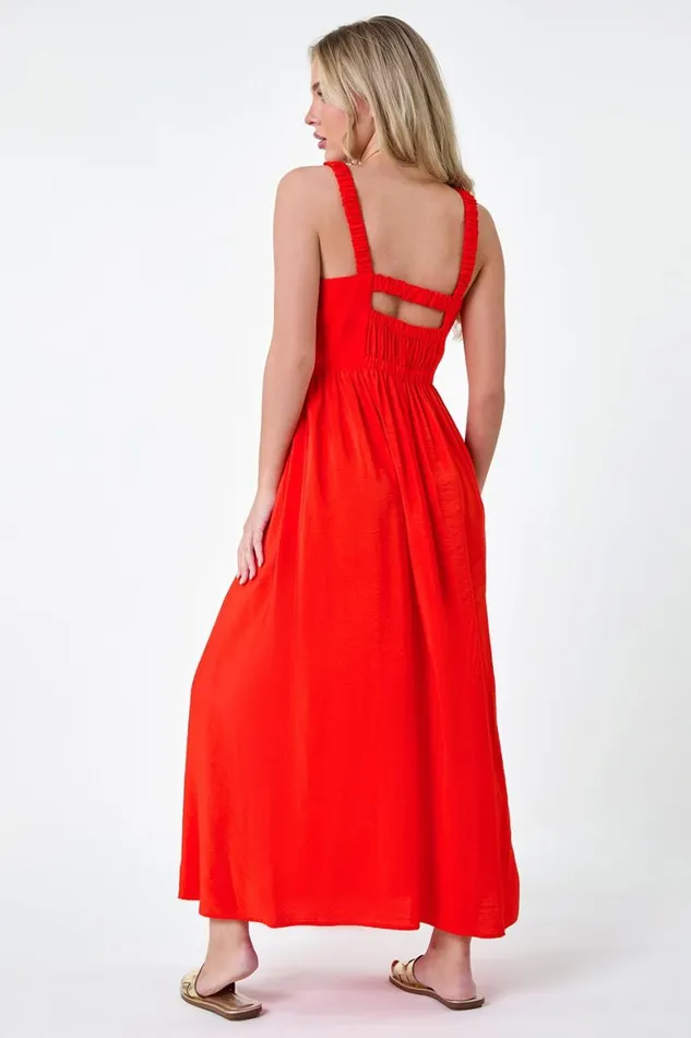 Women Coral Petite Plain Stretch Back Maxi Dress Roman Dresses