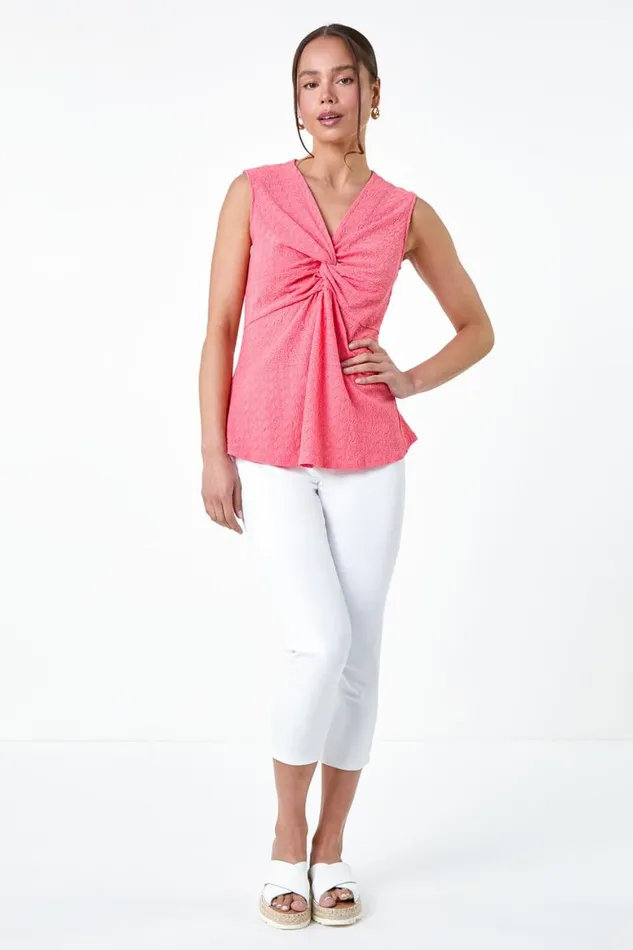 Women Coral Petite Twist Textured Stretch Top Roman Tops
