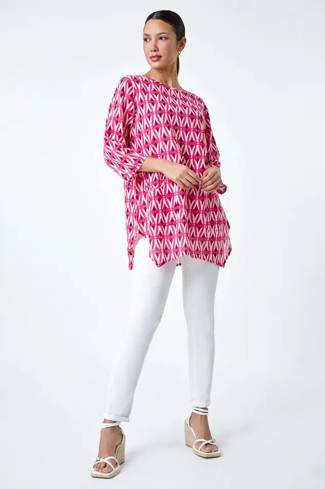 Women Cotton Geometric Pocket Longline Tunic Top Roman Tops