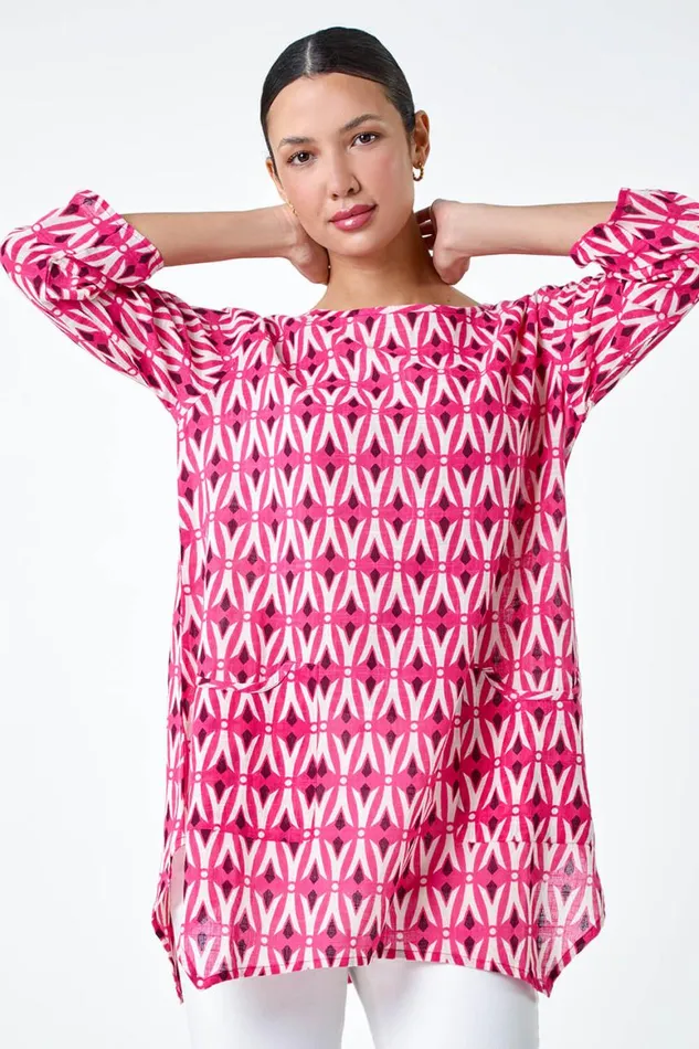 Women Cotton Geometric Pocket Longline Tunic Top Roman Tops