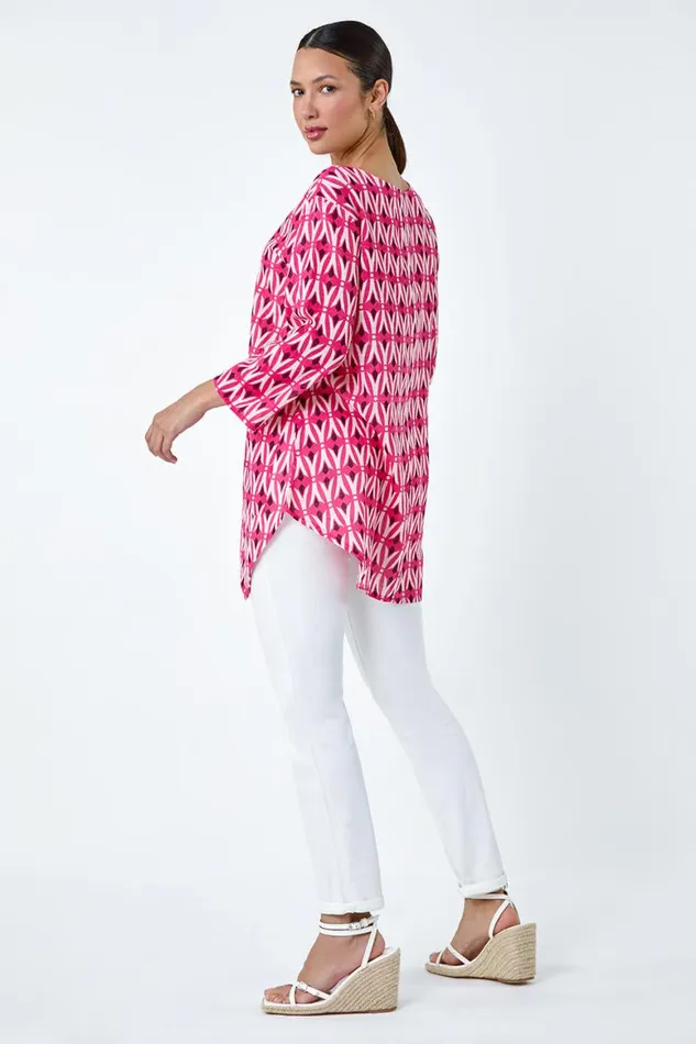 Women Cotton Geometric Pocket Longline Tunic Top Roman Tops