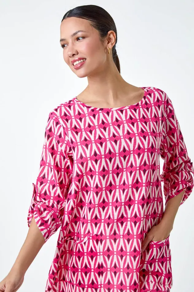 Women Cotton Geometric Pocket Longline Tunic Top Roman Tops