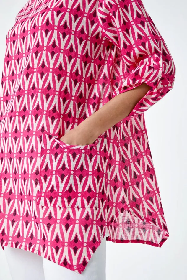 Women Cotton Geometric Pocket Longline Tunic Top Roman Tops