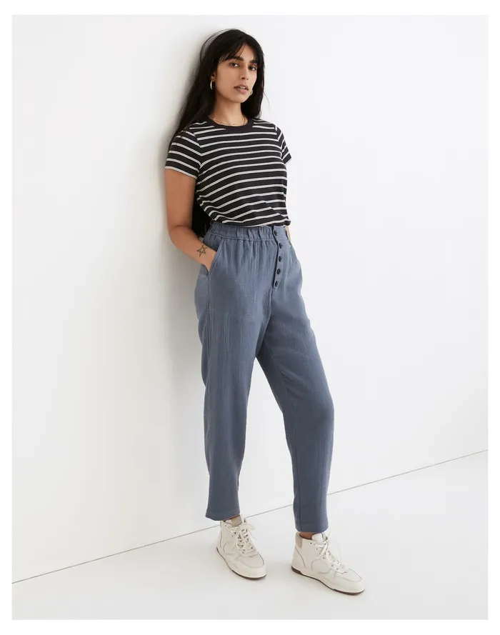 Women Cotton Linen Pull On High Rise Tapered Pants Sunfaded Indigo Madewell Pants