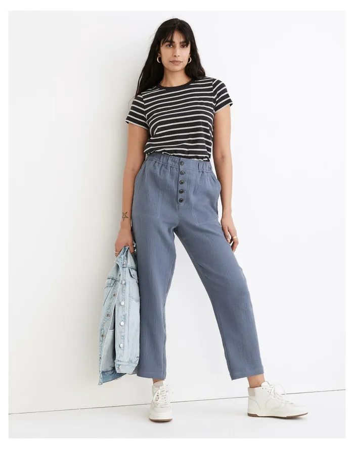 Women Cotton Linen Pull On High Rise Tapered Pants Sunfaded Indigo Madewell Pants Women Cotton Linen Pull On High Rise Tapered Pants Sunfaded Indigo Madewell Pants