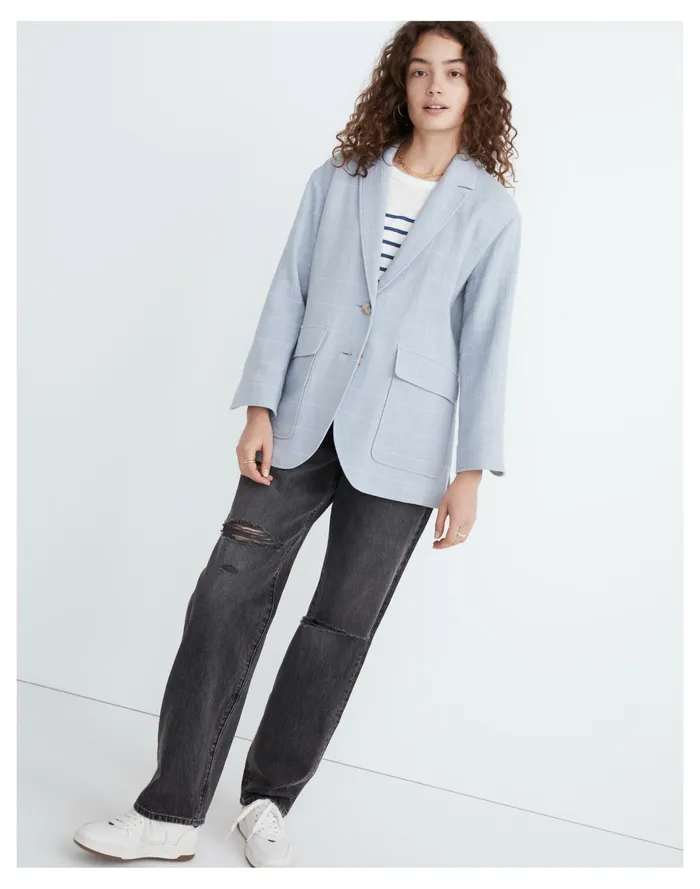 Women Cotton Linen Relaxed Larsen Blazer In Windowpane Dusty Pool Madewell Jackets