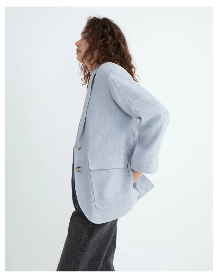 Women Cotton Linen Relaxed Larsen Blazer In Windowpane Dusty Pool Madewell Jackets Women Cotton Linen Relaxed Larsen Blazer In Windowpane Dusty Pool Madewell Jackets