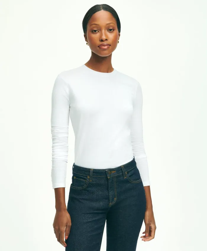Women Cotton Long Sleeved Crewneck Top White Brooks Brothers Blouses and Shirts