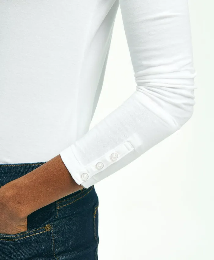 Women Cotton Long Sleeved Crewneck Top White Brooks Brothers Blouses and Shirts