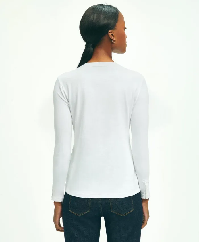 Women Cotton Long Sleeved Crewneck Top White Brooks Brothers Blouses and Shirts