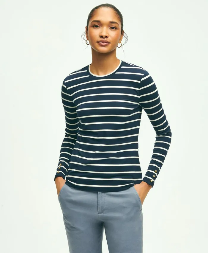 Women Cotton Modal Stripe Crewneck Tee Navy Multi Brooks Brothers Blouses and Shirts