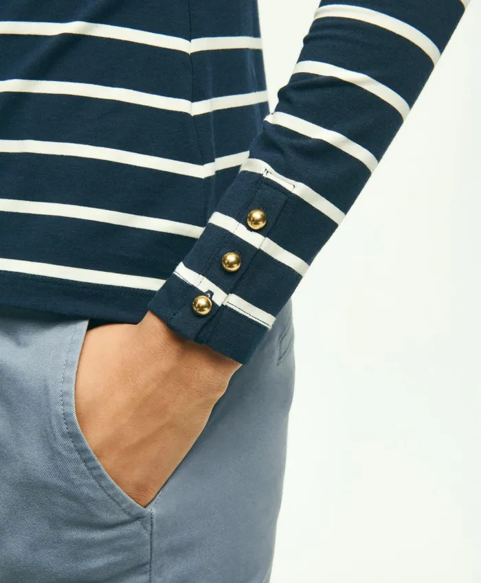 Women Cotton Modal Stripe Crewneck Tee Navy Multi Brooks Brothers Blouses and Shirts