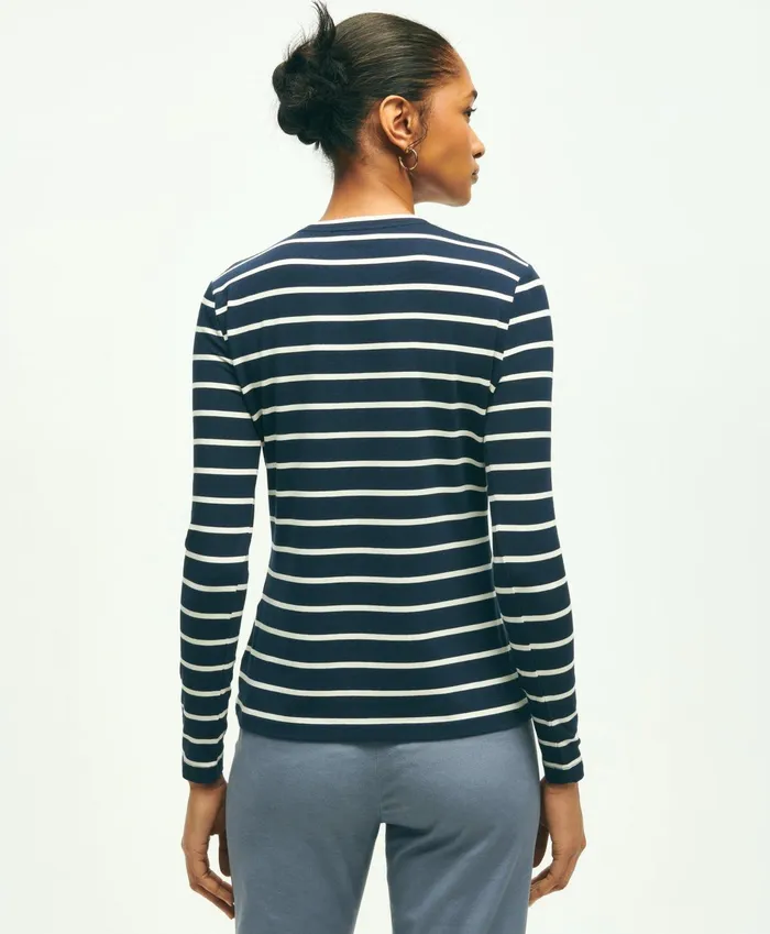 Women Cotton Modal Stripe Crewneck Tee Navy Multi Brooks Brothers Blouses and Shirts