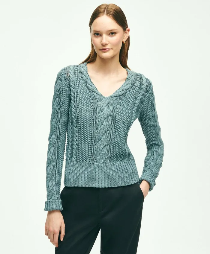 Women Cotton MultiCable VNeck Sweater Blue Brooks Brothers Sweaters