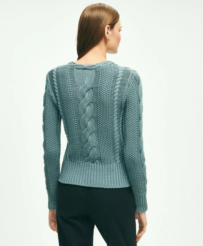 Women Cotton MultiCable VNeck Sweater Blue Brooks Brothers Sweaters