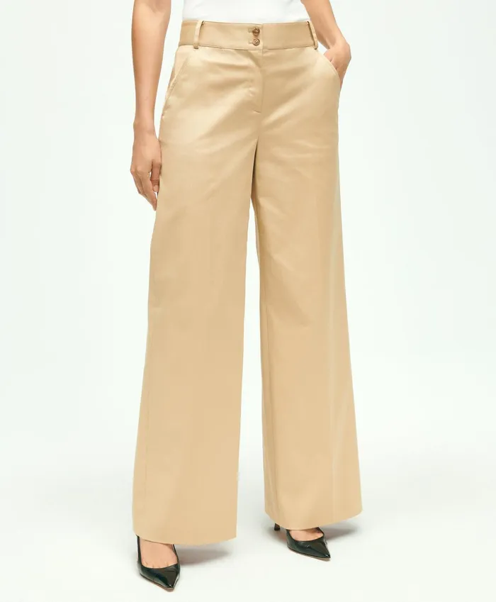 Women Cotton Twill Wide Leg Pants Beige Brooks Brothers Pants and Skirts