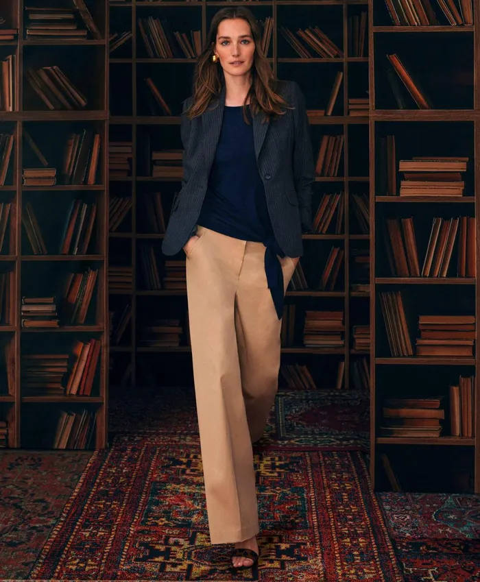 Women Cotton Twill Wide Leg Pants Beige Brooks Brothers Pants and Skirts