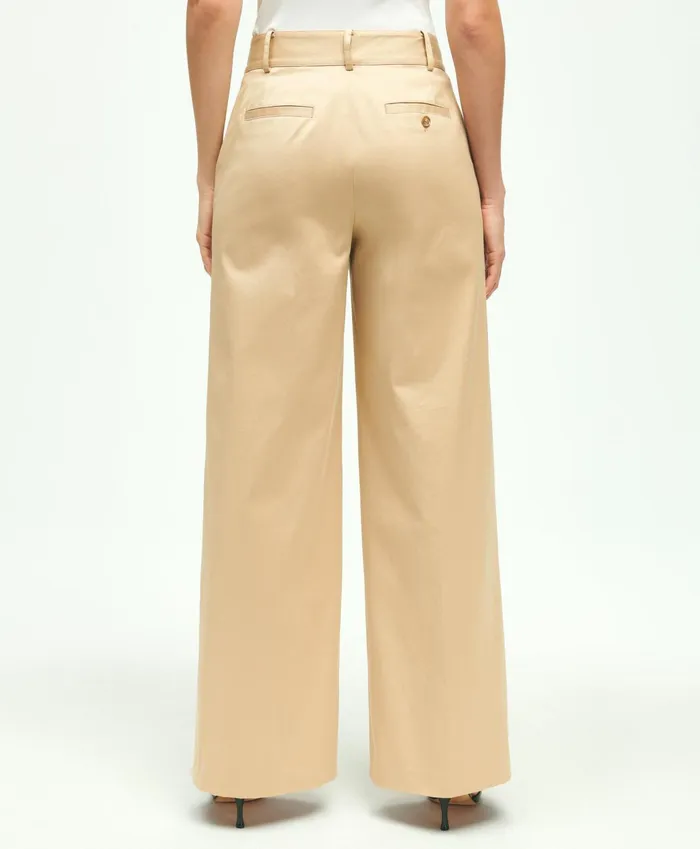 Women Cotton Twill Wide Leg Pants Beige Brooks Brothers Pants and Skirts