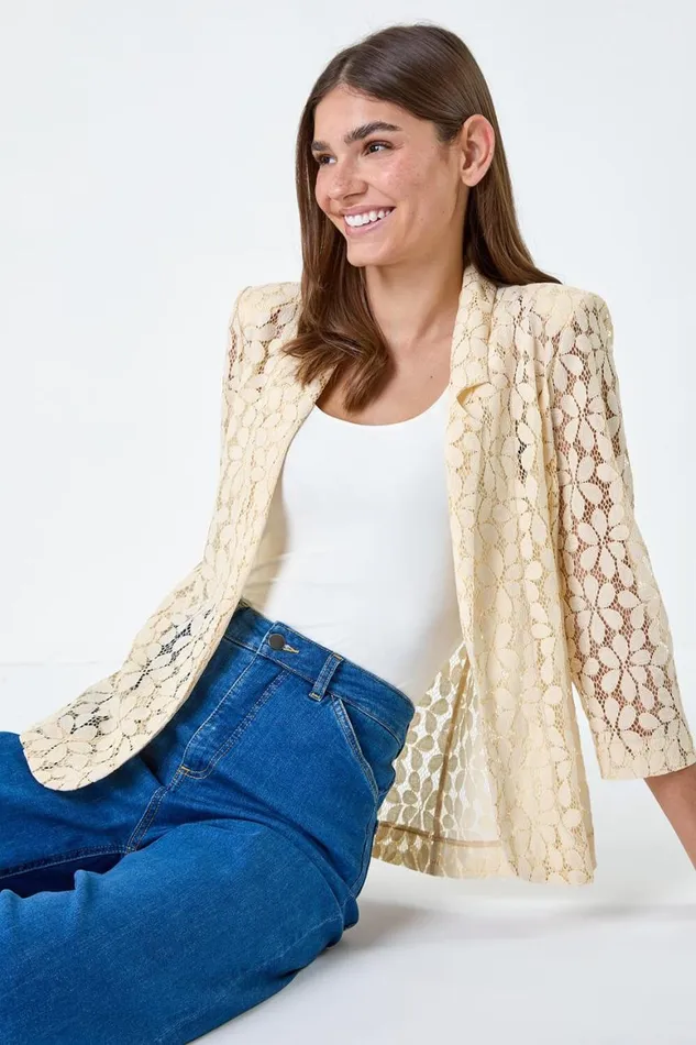 Women Cream 34 Sleeve Floral Lace Blazer Jacket Roman Jackets