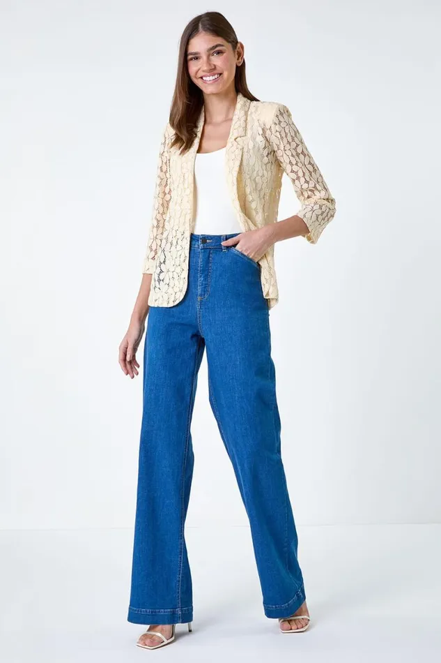 Women Cream 34 Sleeve Floral Lace Blazer Jacket Roman Jackets