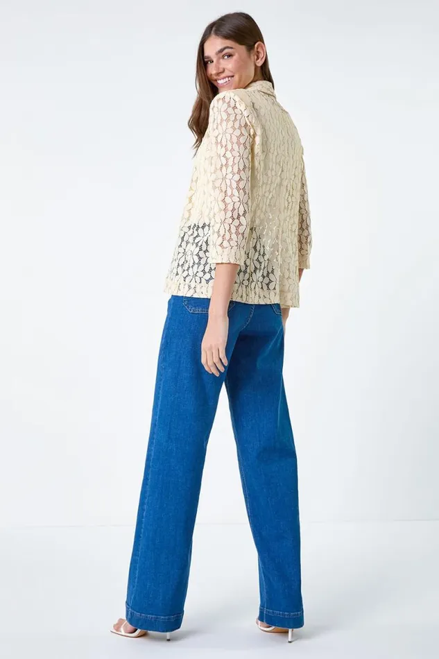 Women Cream 34 Sleeve Floral Lace Blazer Jacket Roman Jackets