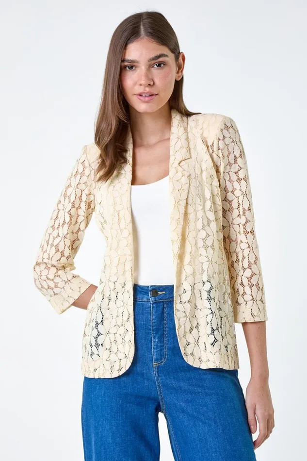 Women Cream 34 Sleeve Floral Lace Blazer Jacket Roman Jackets