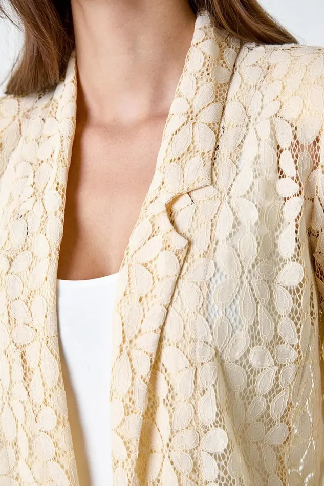 Women Cream 34 Sleeve Floral Lace Blazer Jacket Roman Jackets