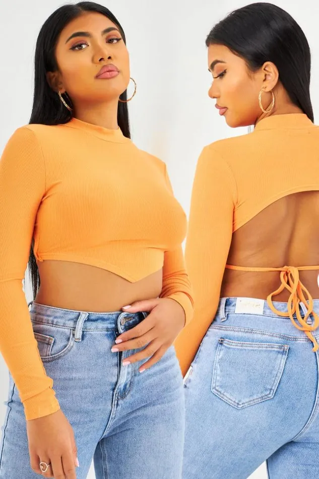 Women Crop Top Orange Lacets Au Dos Orange Brentiny Paris Lace Tops