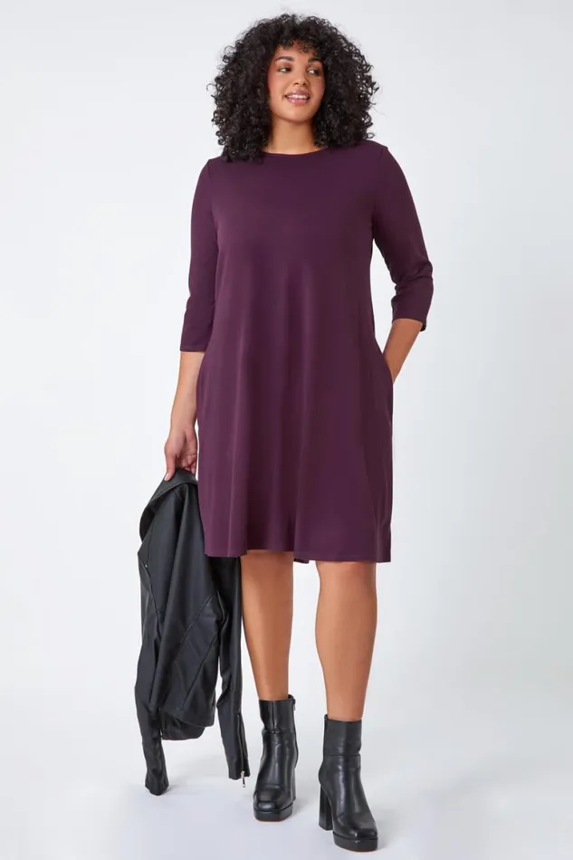 Women Curve Pocket Detail Swing Stretch Dress Roman Dresses