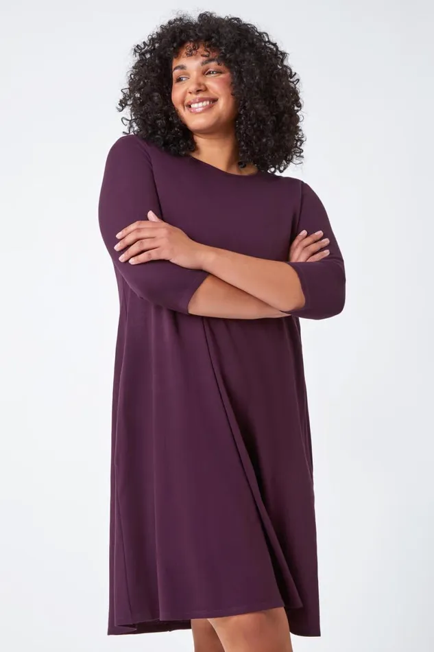 Women Curve Pocket Detail Swing Stretch Dress Roman Dresses