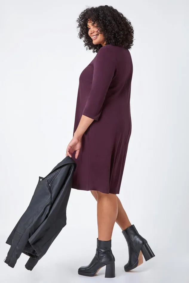 Women Curve Pocket Detail Swing Stretch Dress Roman Dresses