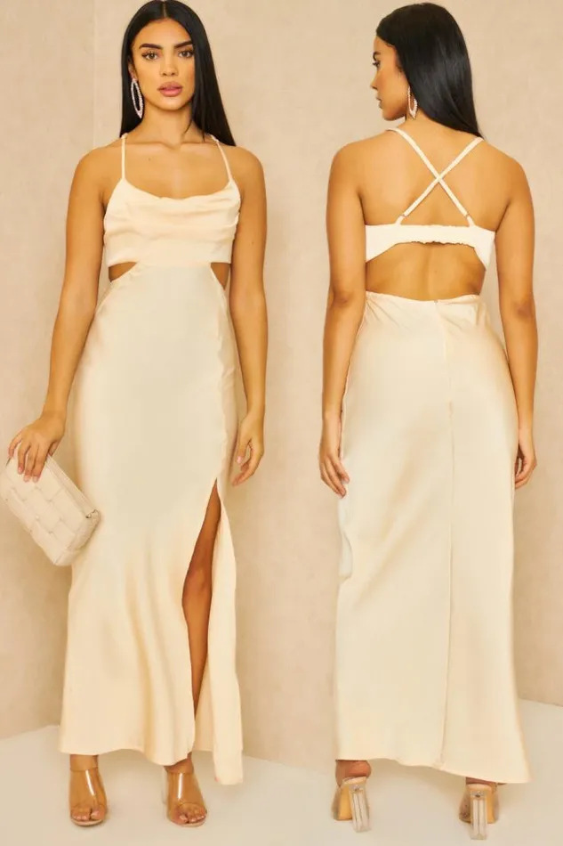 Women Cut Out Satin Cami Midi Dress In Beige Beige Brentiny Paris Satin Dresses
