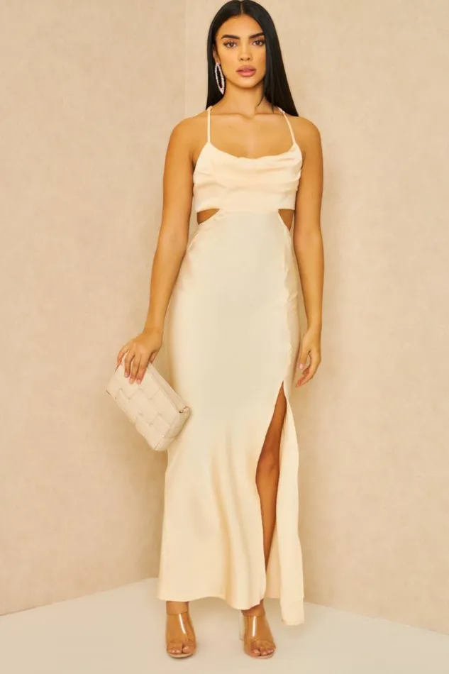 Women Cut Out Satin Cami Midi Dress In Beige Beige Brentiny Paris Satin Dresses